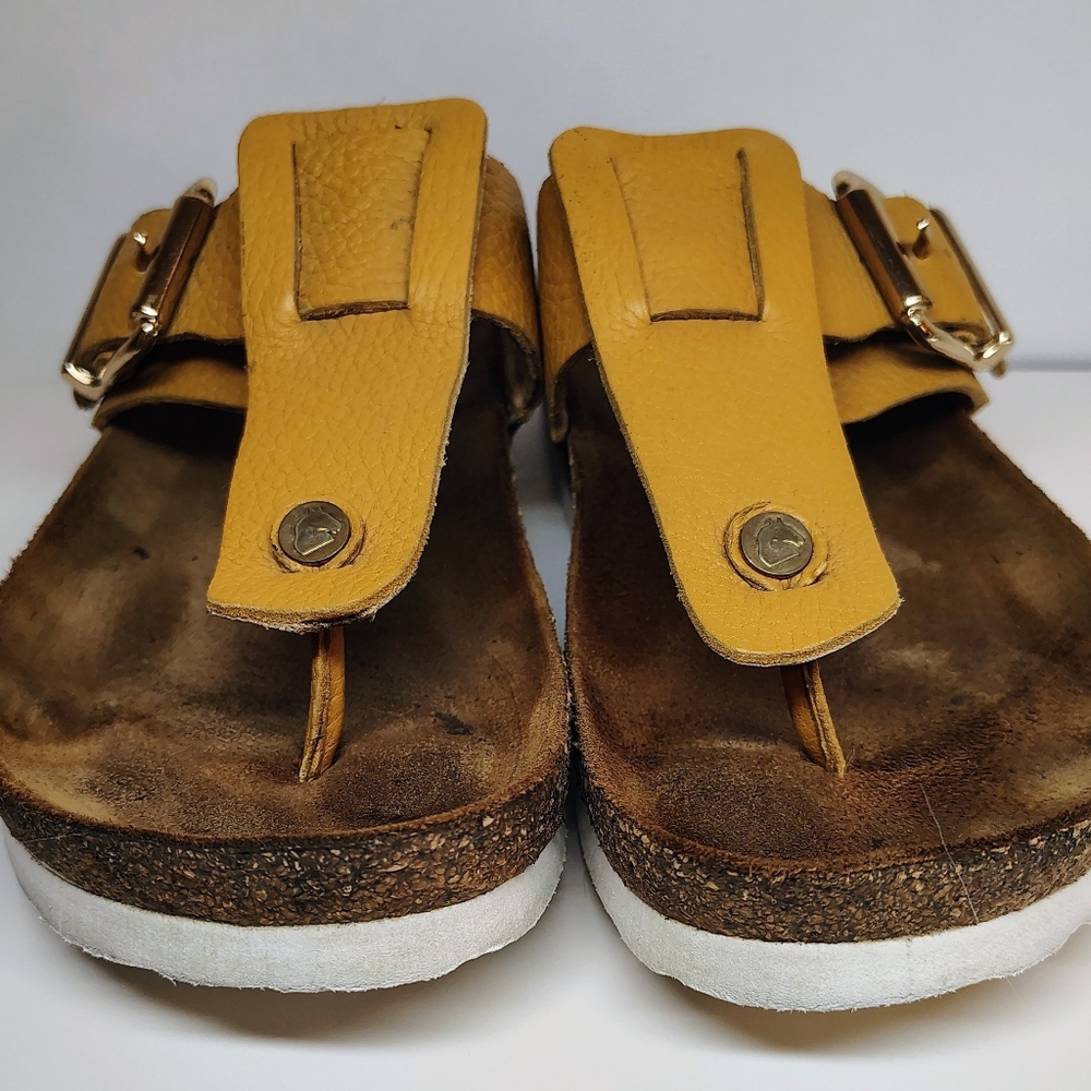 Halfinger Mustard Yellow- Large Buckle -  Cork Sole Sandal - Women's Size 6.5